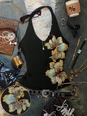Glimmora Top Halter Elegante e Retrô Bordado com Paetês