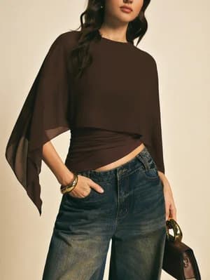 Poéselle Top Casual com Gola Xale Marrom
