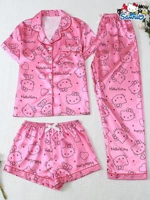 SANRIO Conjunto de Pijama Feminino, Top com Gola de Manga Curta com Bolso